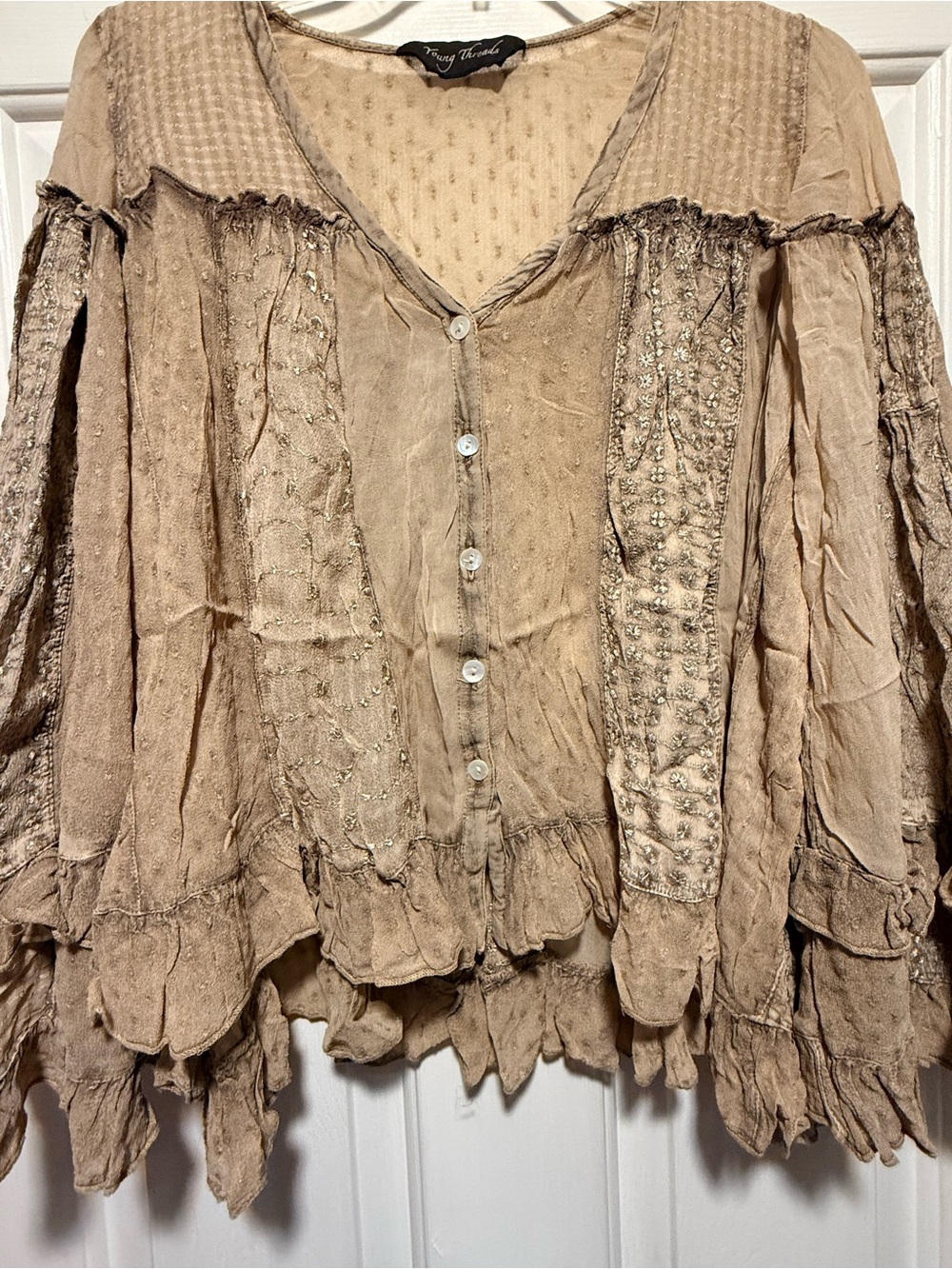 Vintage-Inspired Ruffled Button Front Blouse in Tan by Young Threads - Picture 4 of 9